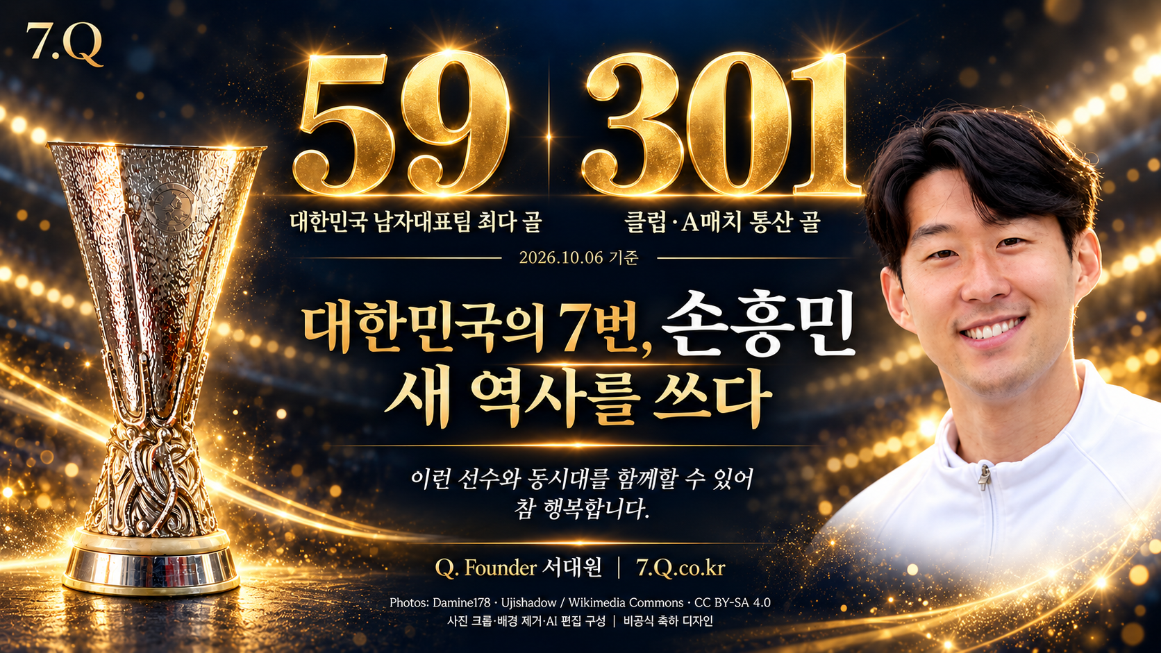 59골·301골을 기념하는 손흥민 인물과 유로파 트로피 합성 축하 디자인